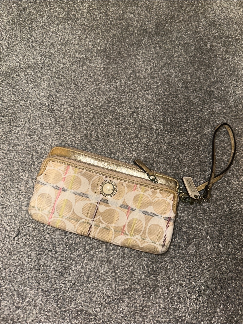 Coach Canvas Wristlet in Khaki and Gold Metallic Trim